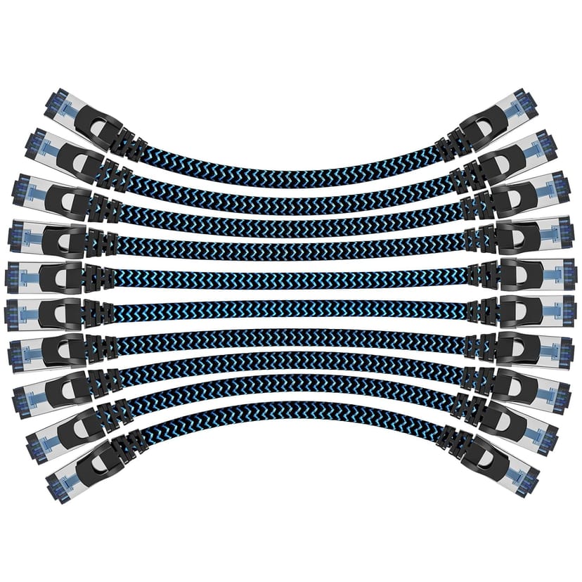 Ten short black and blue braided CABNEER Cat8 Ethernet cables