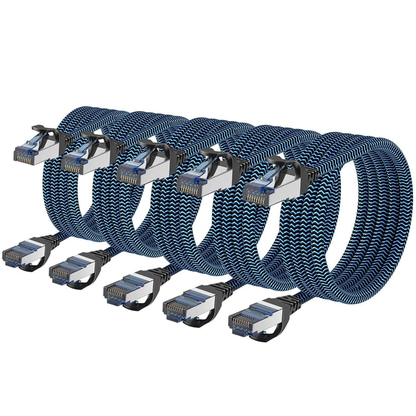 Five blue braided CABNEER Cat8 Ethernet cables