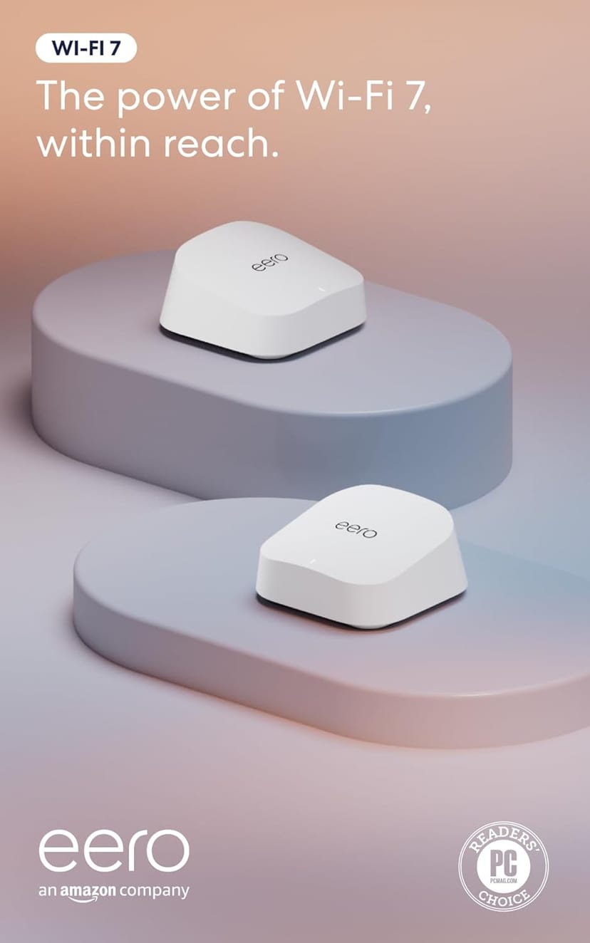 Pair of white eero 7 mesh Wi-Fi routers
