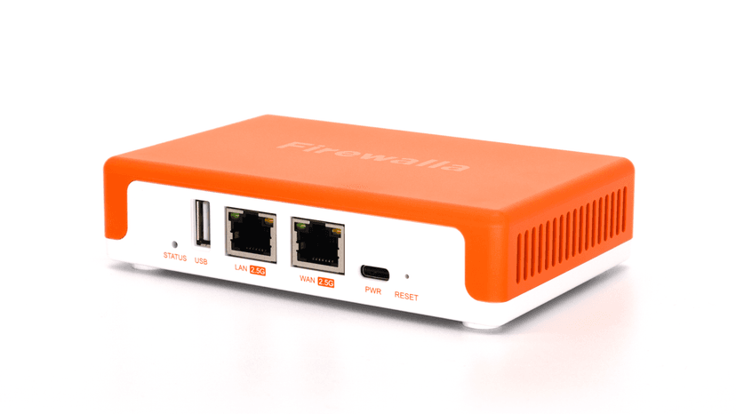 Orange Firewalla Orange firewall with its front ports visible