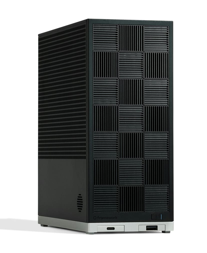 Black Framework Desktop with a checkered front panel