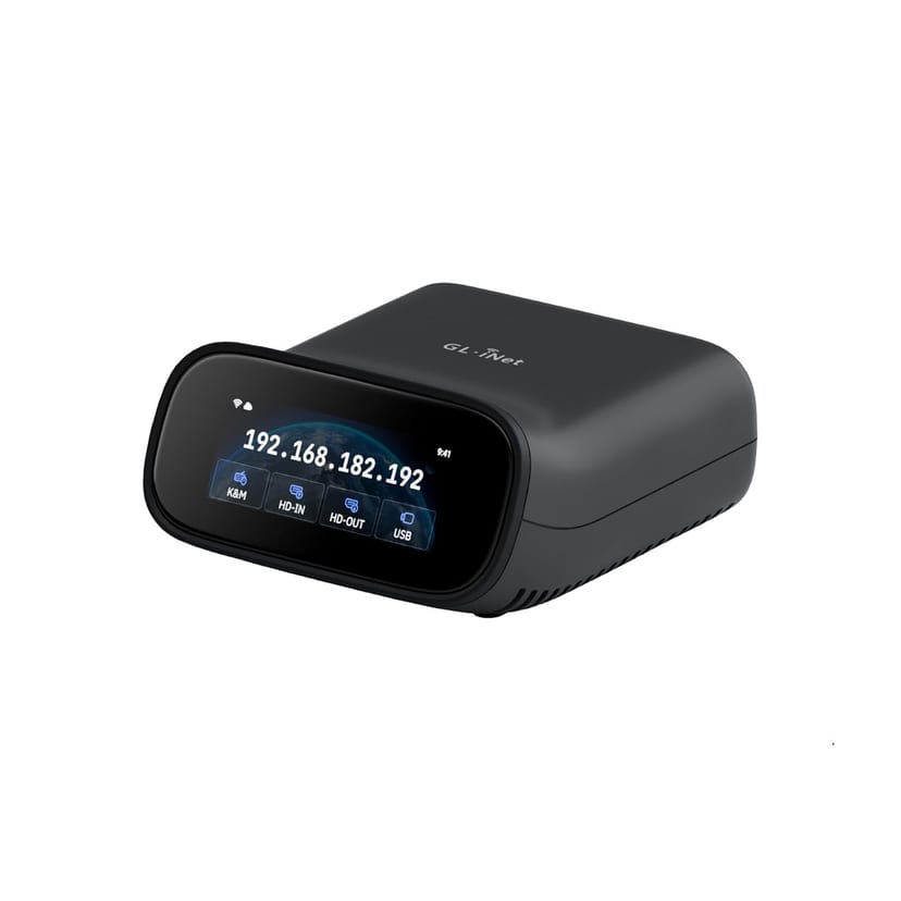 GL.iNet Comet Pro remote KVM with its touchscreen showing an IP address
