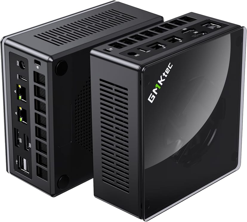 Two black GMKtec K8 Plus mini PCs showing front and rear ports