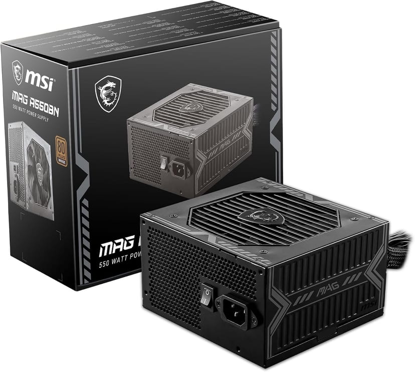 MSI MAG A550BN 550W power supply next to its box