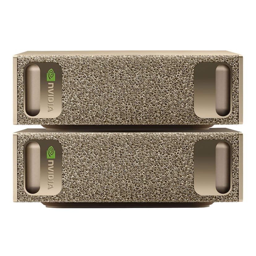 Two gold NVIDIA DGX Spark personal AI supercomputers stacked together