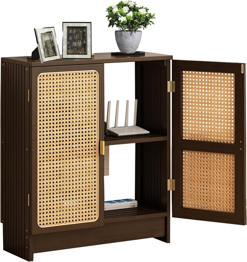 Walnut Jueraori WiFi router storage cabinet with its rattan doors open