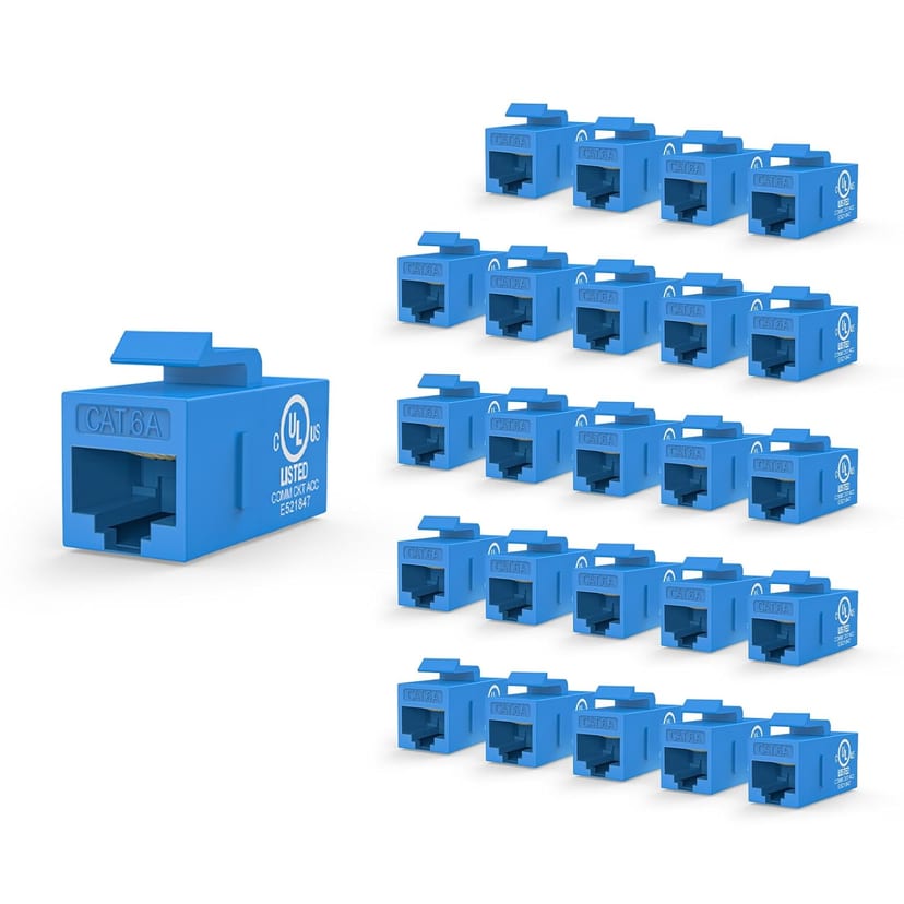 Blue VCE CAT6A keystone couplers arranged beside one enlarged coupler